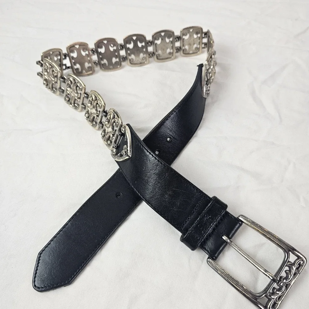 Gap Womens Belt S Black Leather Silver Panel Boho Gladiator Celtic Square Metal